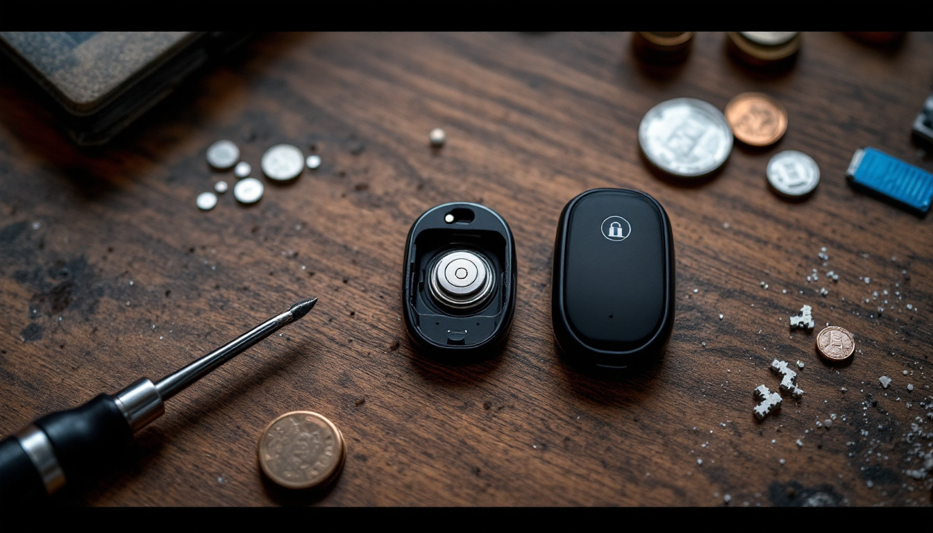 A proximity smart key fob opened on a workbench beside a coin cell battery, a screwdriver and loose coins