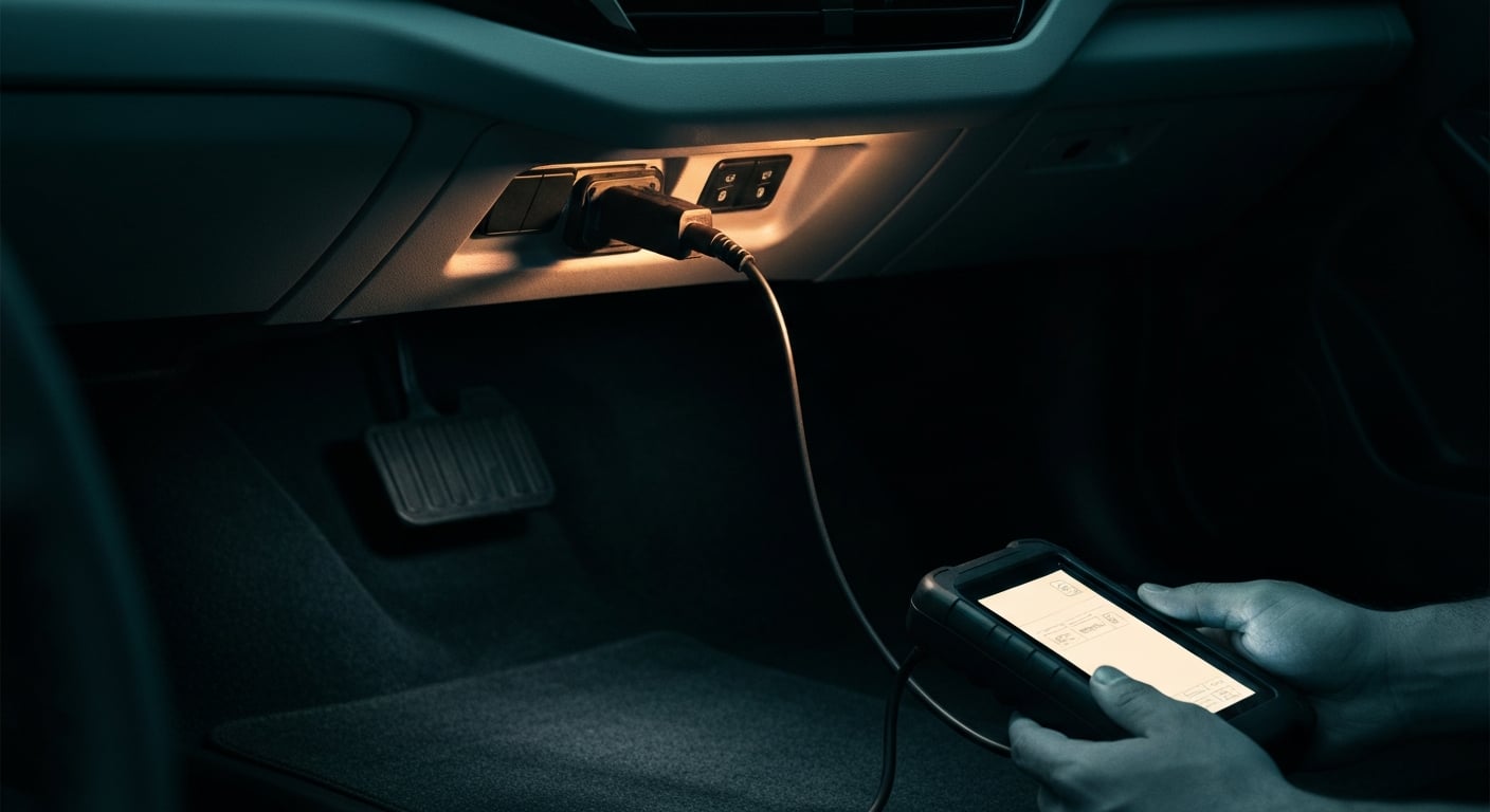 A locksmith diagnostic tool connected to a vehicle OBD port during an all-keys-lost key programming job