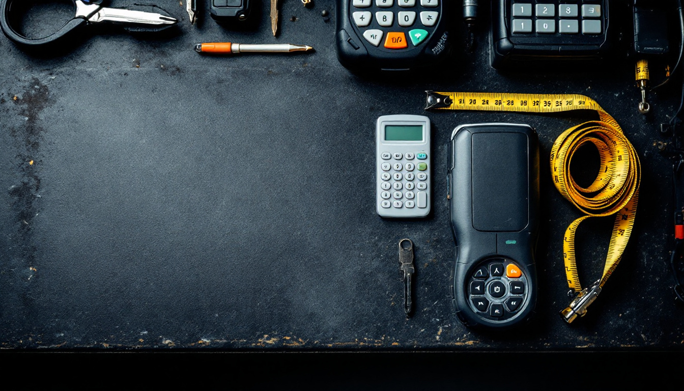 A workbench flat lay with a cut car key, a handheld diagnostic programmer, a calculator and a tape measure