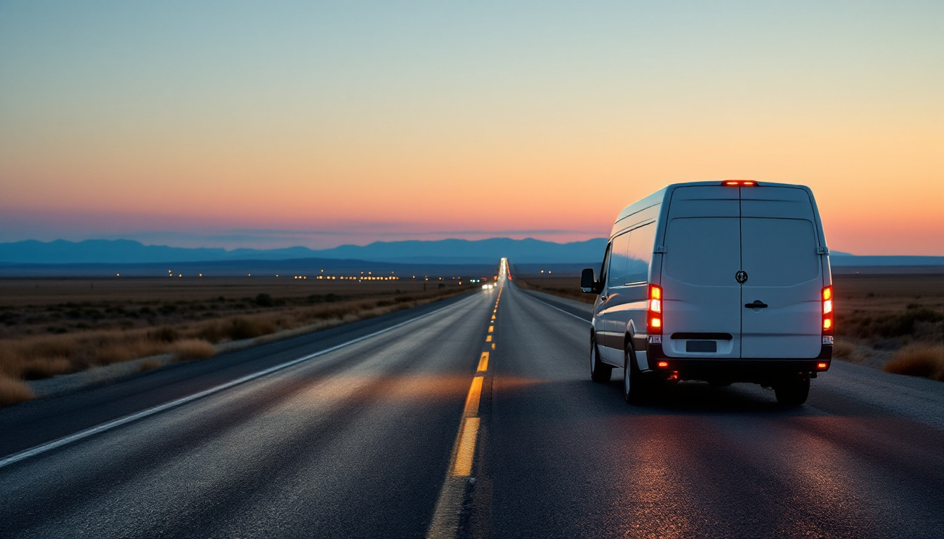 A mobile locksmith van on a rural highway at dusk with a wide empty landscape, illustrating service radius and drive time