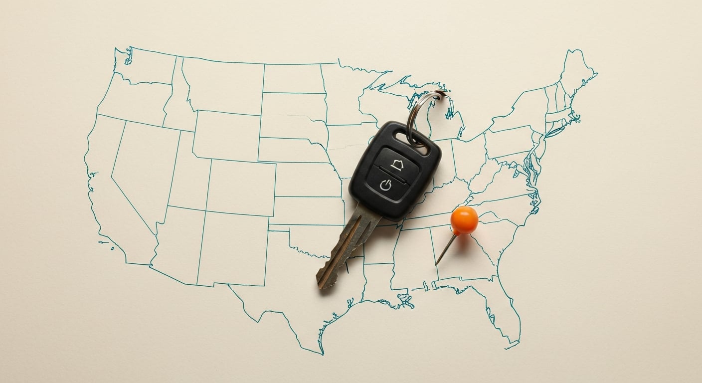 A stylized map of the United States with car keys, illustrating state-by-state automotive locksmith licensing