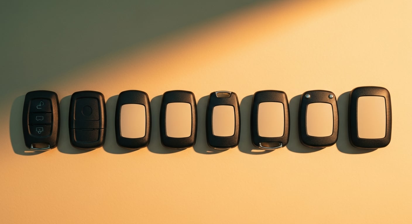 A row of different automotive key fobs arranged on a cream surface, illustrating how car key replacement cost varies by make