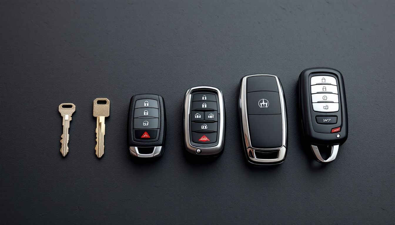 Five generations of car keys laid out in a row, from a plain metal key to a modern proximity smart fob