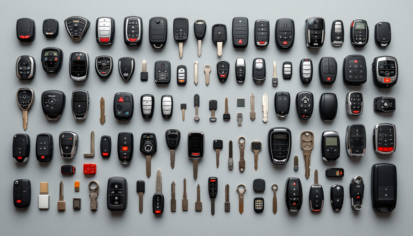 An assortment of labelled car keys, fobs and transponder chips arranged on a workshop surface