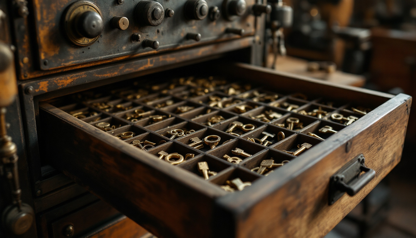 A tray of vintage and obsolete key blanks in a locksmith workshop drawer beside a code-cutting machine