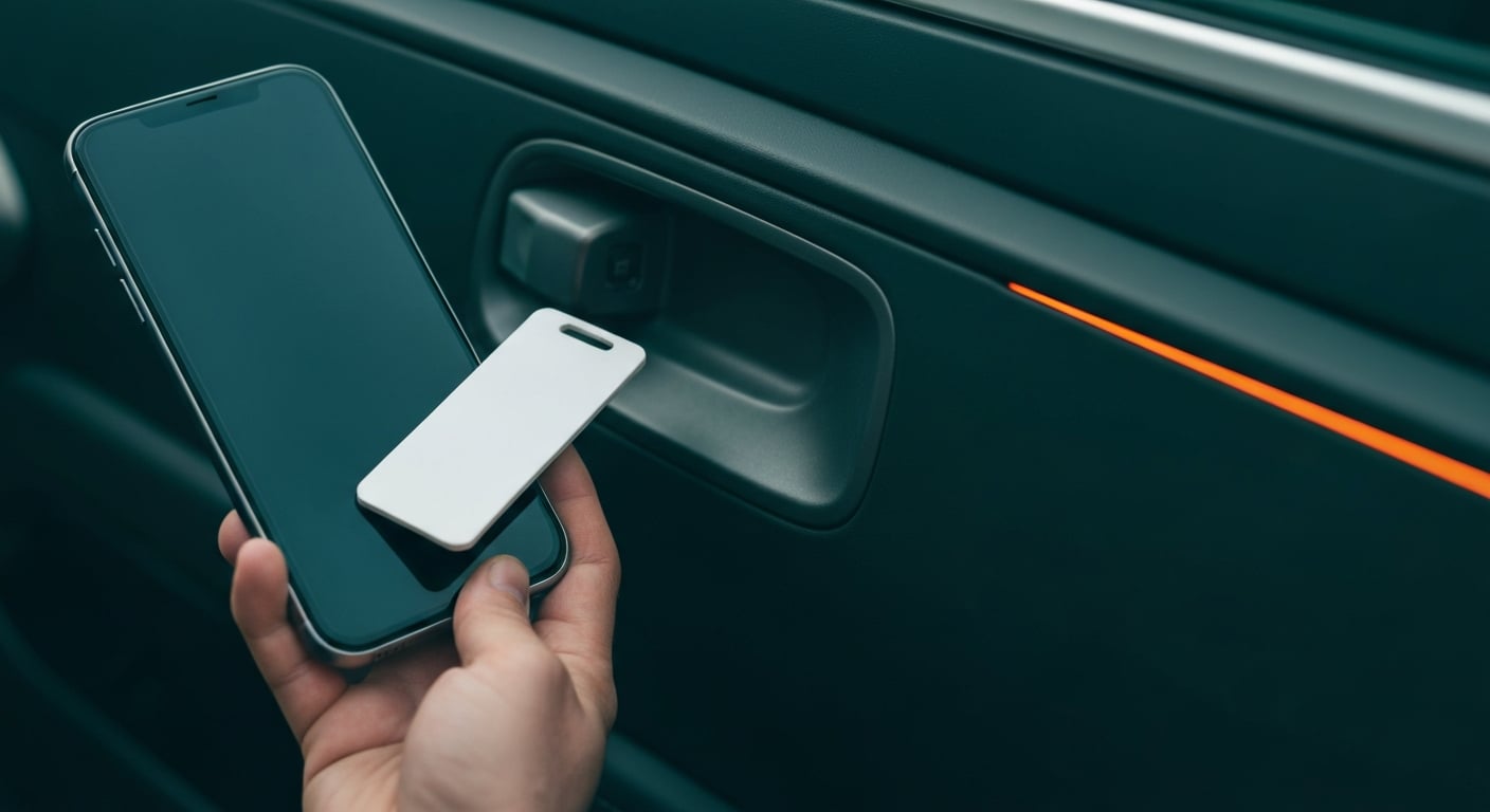 A smartphone held near a car door handle beside a slim plastic key card, illustrating digital and EV car key access