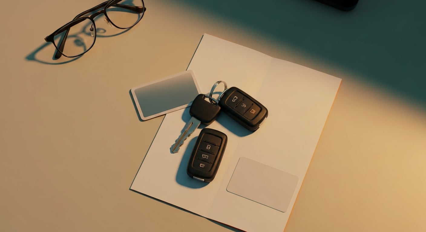 Car keys resting on an insurance policy document and a roadside assistance card, illustrating car key replacement coverage