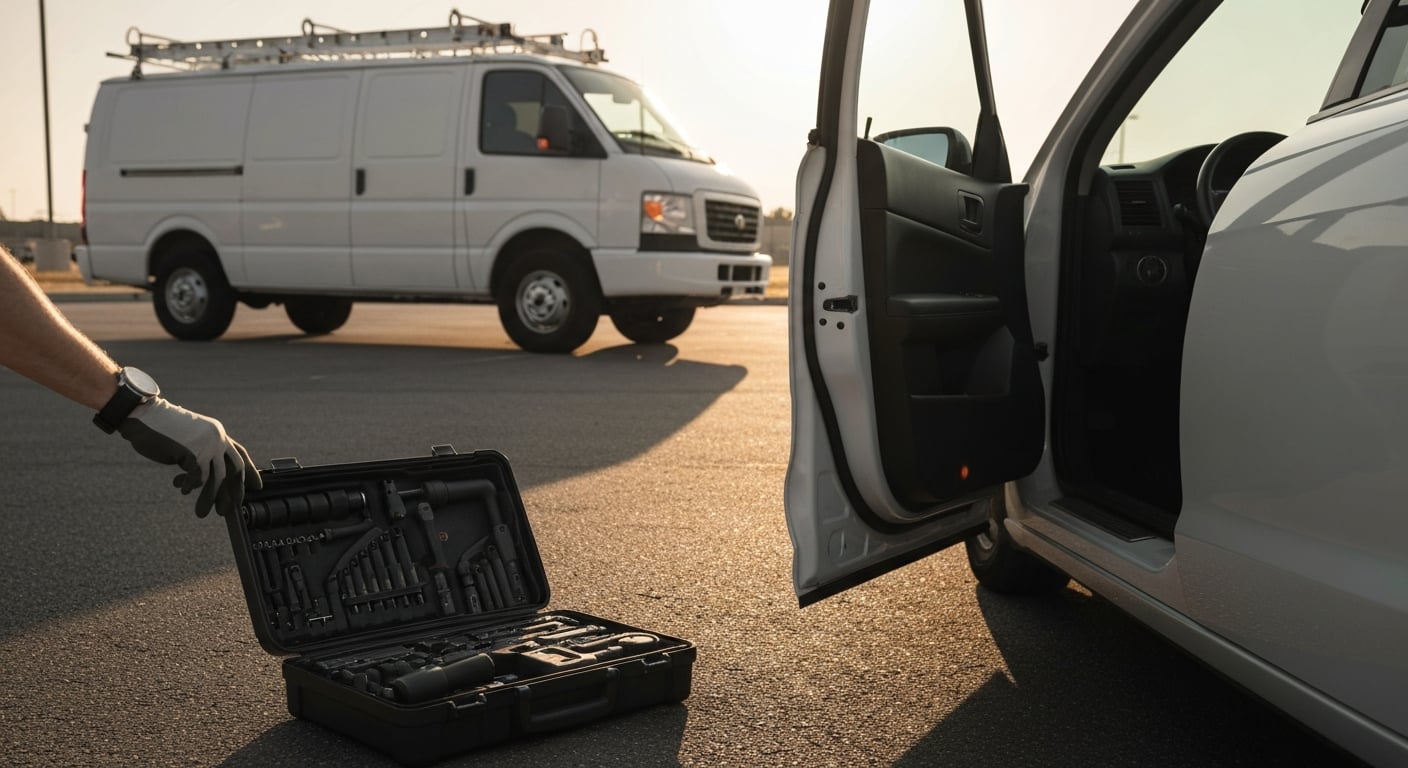 A mobile locksmith van parked beside a vehicle in a parking lot during a same-day car key replacement