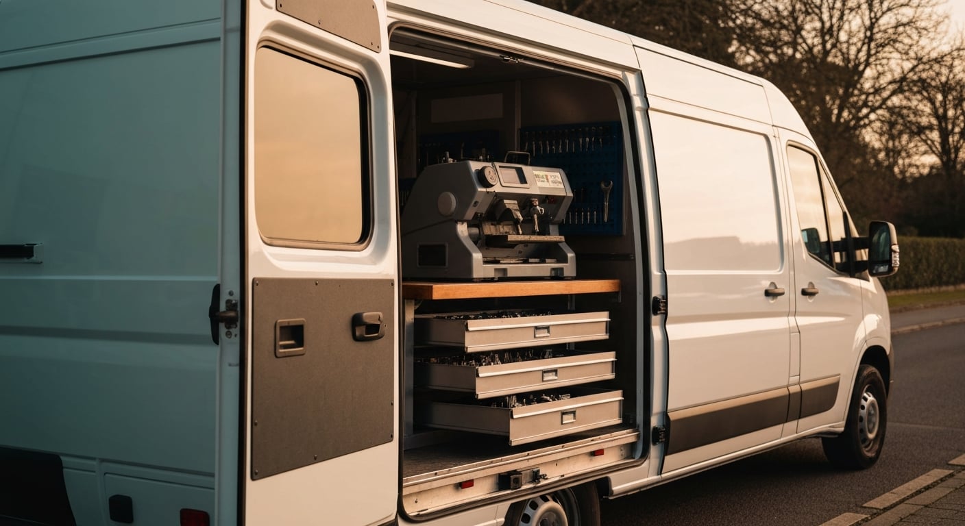 A marked mobile locksmith van and a technician's tool case, illustrating how to verify an automotive locksmith