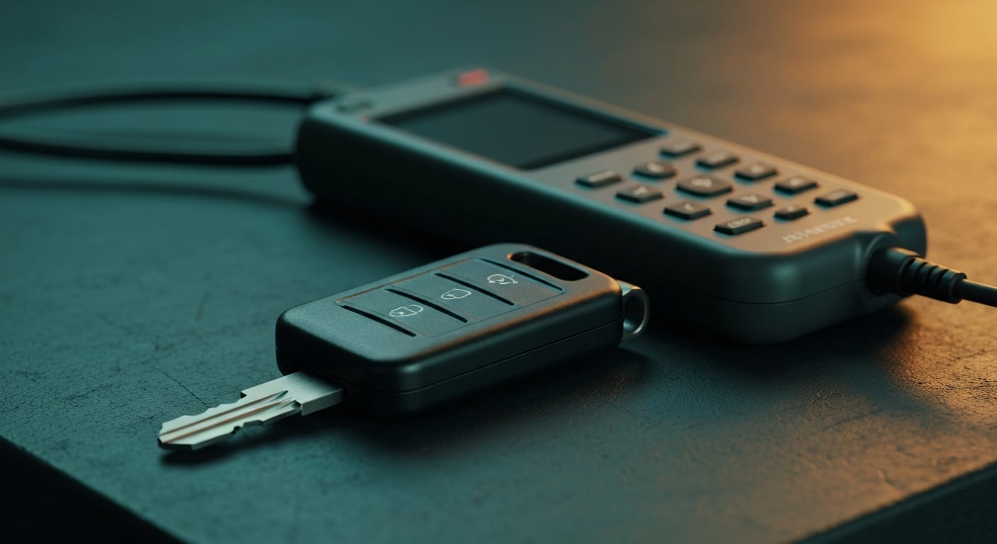 An integrated fob-style vehicle key and a diagnostic programming tool on a workbench, illustrating Jeep, Dodge and Ram key replacement
