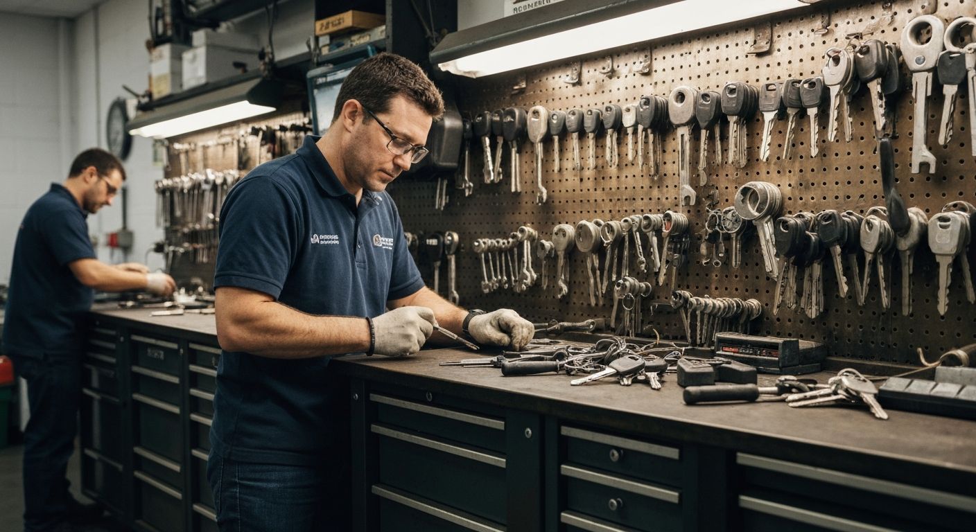 An automotive locksmith cutting a car key at a workshop bench lined with key blanks and transponder keys