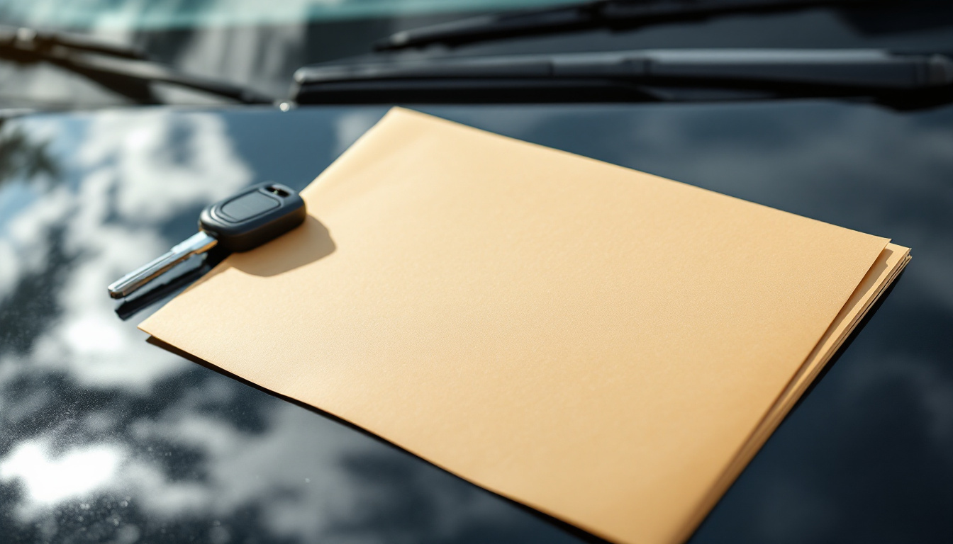 A closed document folder and a car key resting on the hood of a car below the windshield