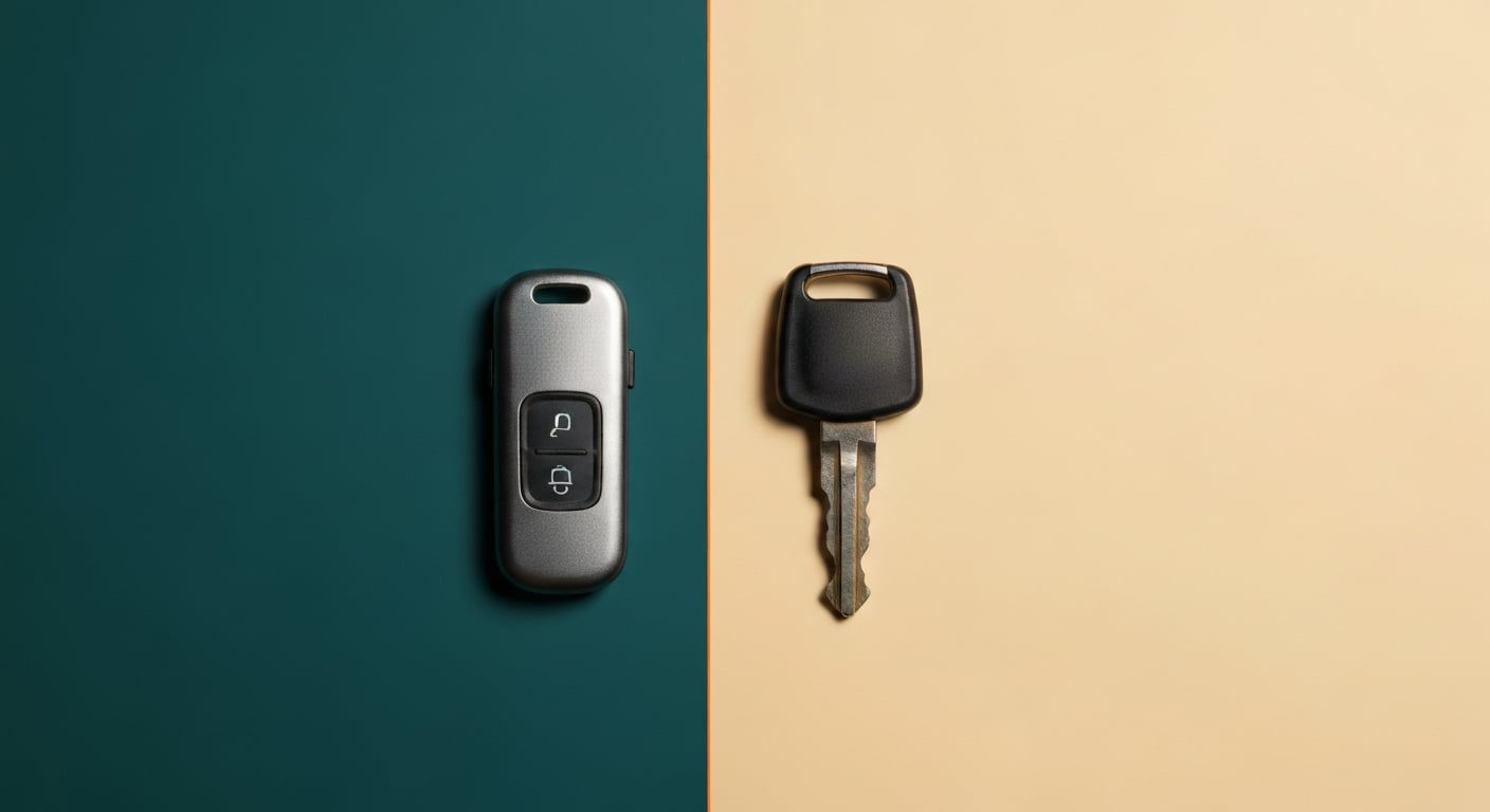 A push-to-start proximity smart key fob next to a traditional chipped metal car key, comparing replacement cost