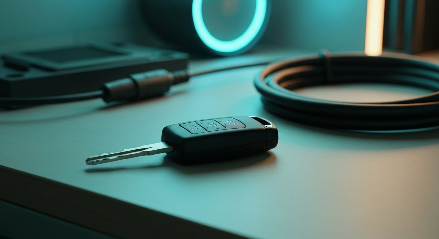 A transponder key connected to a handheld automotive programming tool, illustrating transponder key programming cost