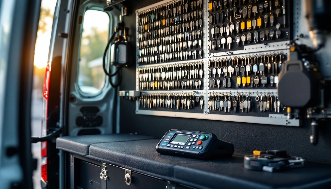 A mobile automotive locksmith van workbench with key blanks, a diagnostic programmer and a cut-away ignition cylinder