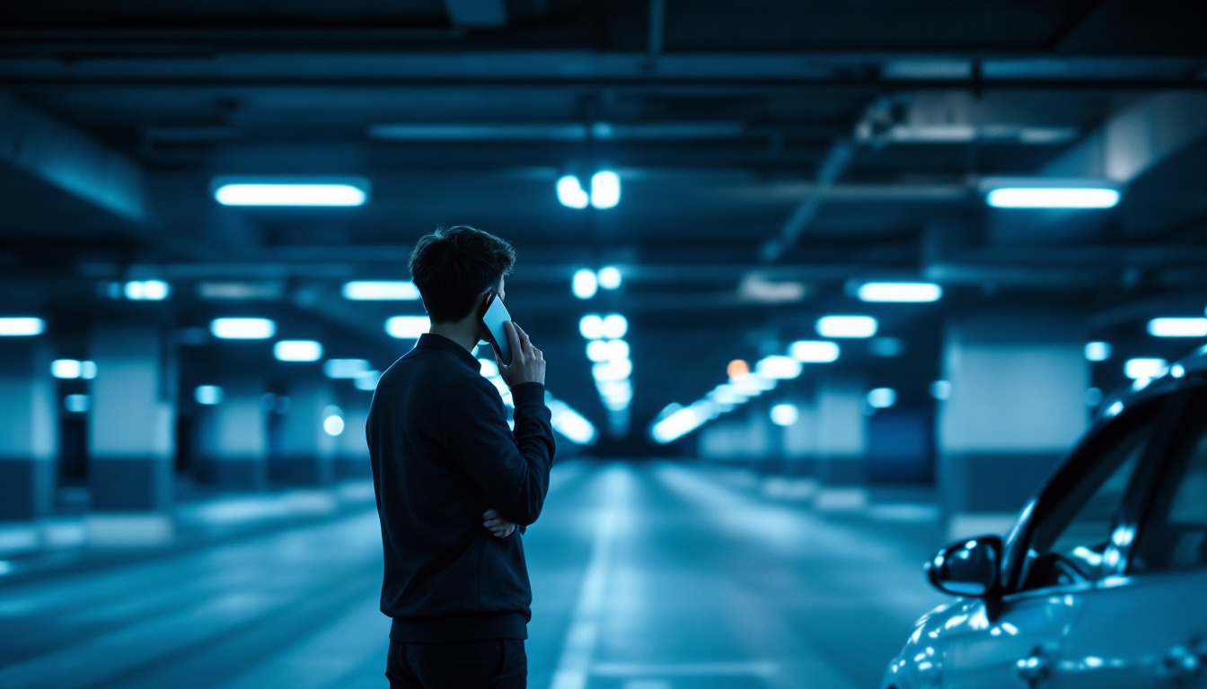 A driver standing beside a parked car at night holding a phone, deciding who to call after losing a car key