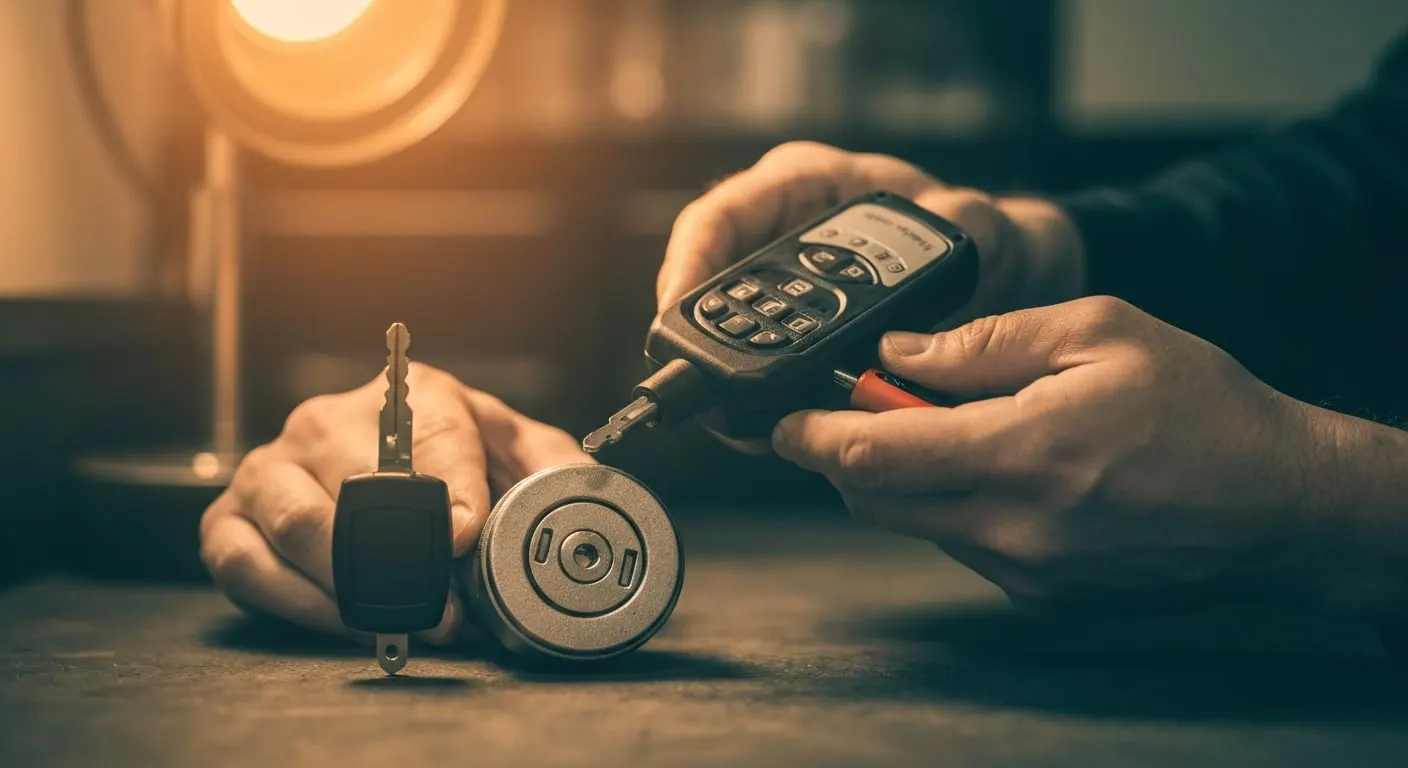 An automotive locksmith programming a transponder car key with a handheld tool